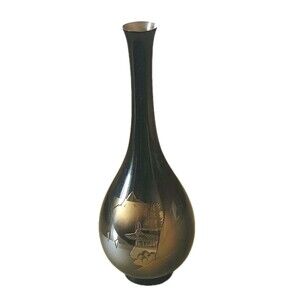Vintage Asian Black Gold Metal Bud Vase Bronze Pagoda Mountain Scene JAPAN 8.5"